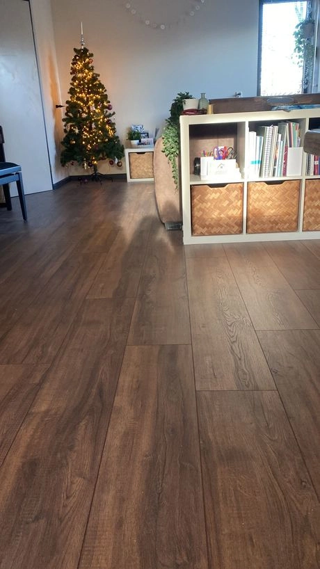 kerstboom staat verlicht in gezellige woonkamerhoek