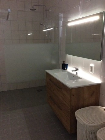 moderne badkamer met douche en wastafel