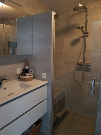 moderne badkamer met glazen douchewand en wastafel