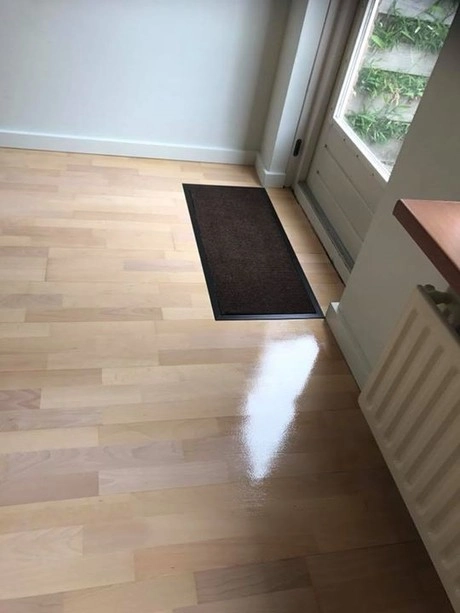 bruine mat en reflectie op houten vloer