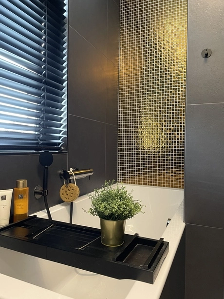 moderne badkamer met zwart witte details en plant
