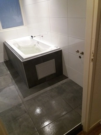 badkamer met een wit en grijs bad