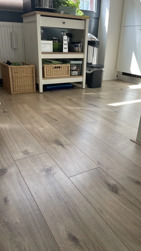 keuken met houten vloer en kast met planten