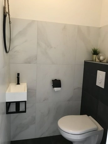 kleine moderne badkamer met toilet en wastafel