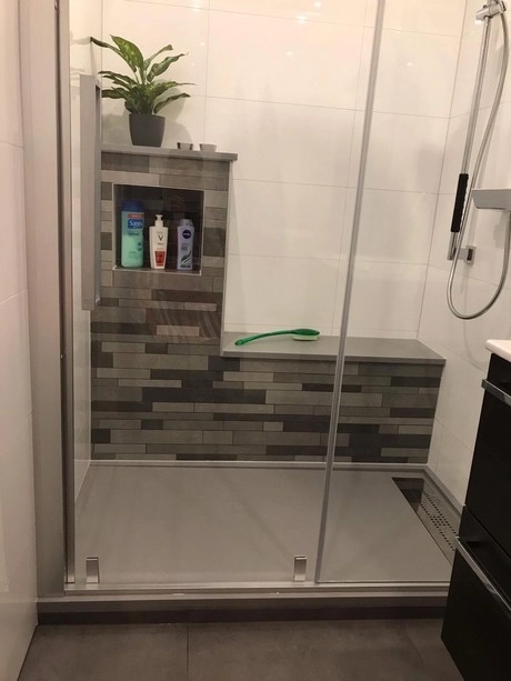 moderne douche met verzorgingsproducten en groene plant