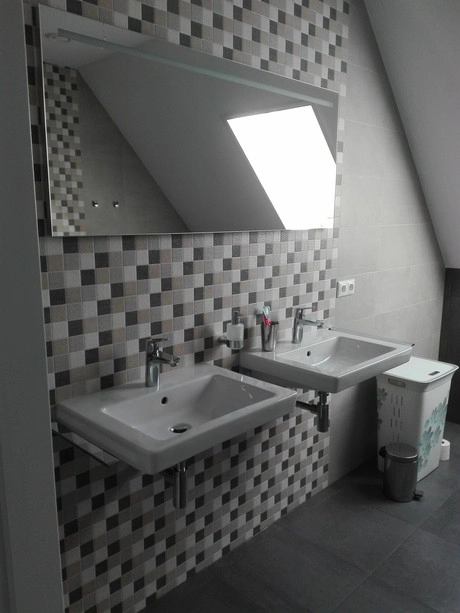 twee wastafels met spiegel in moderne badkamer