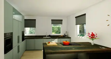 moderne keuken met groene kastjes en rode accenten
