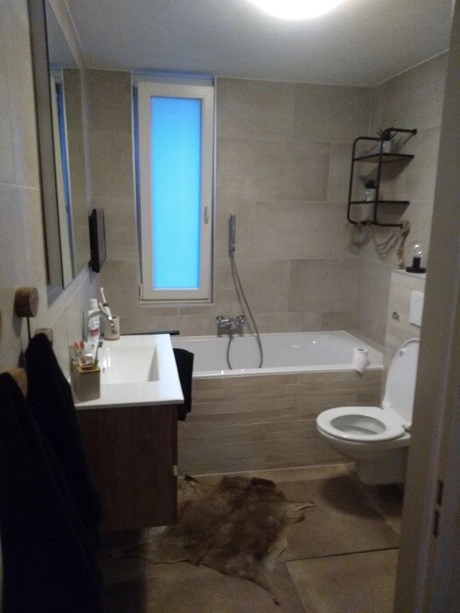 moderne badkamer met bad toilet en raam