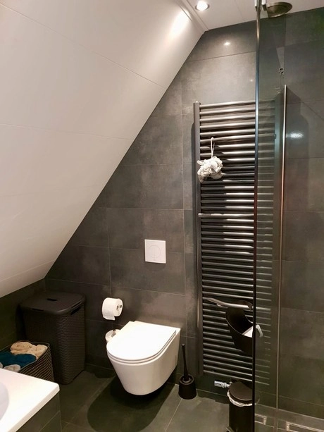 moderne badkamer met grijze tegels en toilet