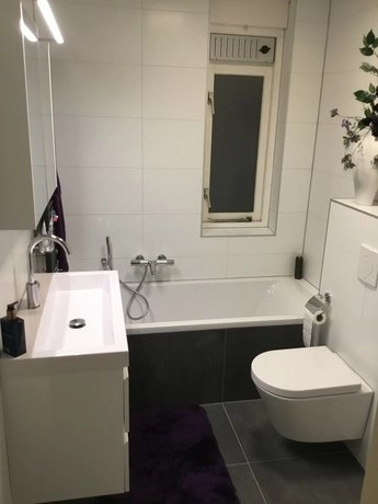 moderne badkamer met bad en wastafel