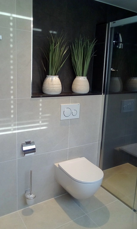 moderne badkamer met hangtoilet en decoratieplanten
