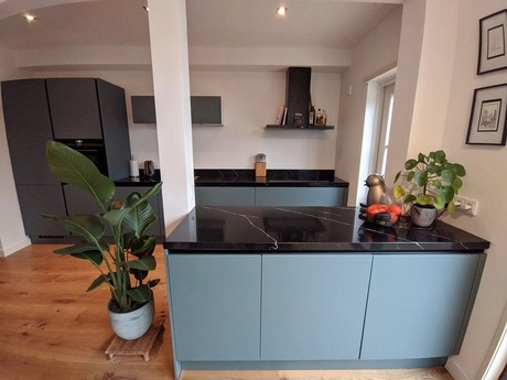 moderne keuken met groene kasten en planten
