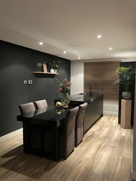 moderne keuken met zwart interieur en planten