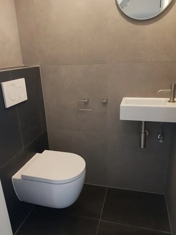kleine badkamer met toilet en wastafel zichtbaar