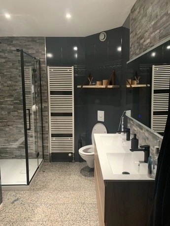 moderne badkamer met douche en dubbele wastafel