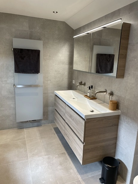 moderne badkamer met dubbele wastafel en spiegel