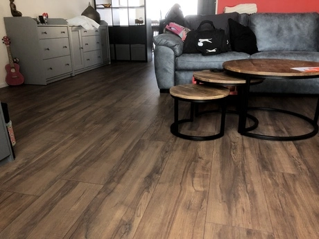 woonkamer met houten vloer en grijze bank