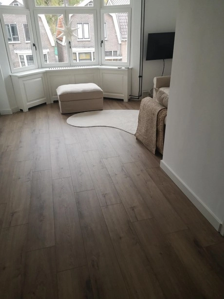 lichte woonkamer met houten vloer en ramen
