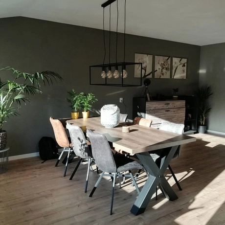 eetkamer met houten tafel en groene planten