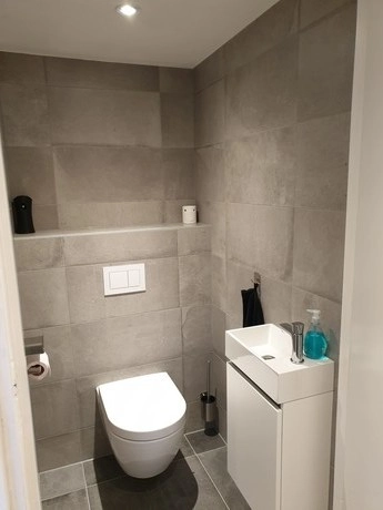 kleine moderne badkamer met toilet en wastafel
