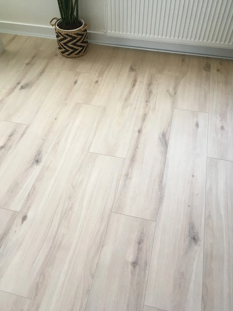 houten vloer met een plantenpot ernaast