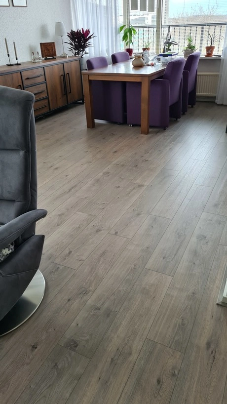 ruime eetkamer met houten vloer en planten