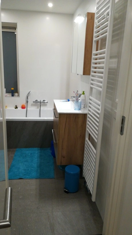 moderne badkamer met bad wastafel en radiator