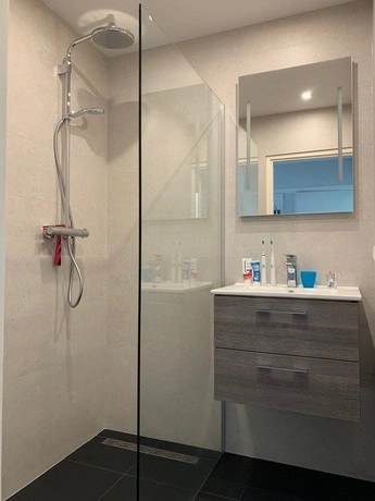moderne badkamer met douche en wastafelmeubel