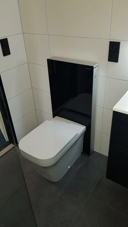 moderne badkamer met een stijlvolle zwarte wc