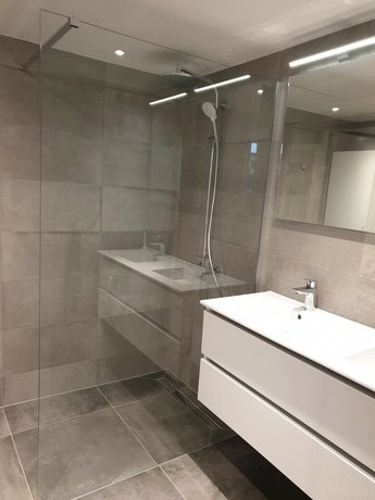 moderne badkamer met glazen douchewand en wastafel