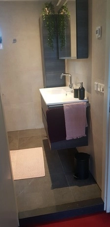 moderne badkamer met wastafel en roze handdoeken